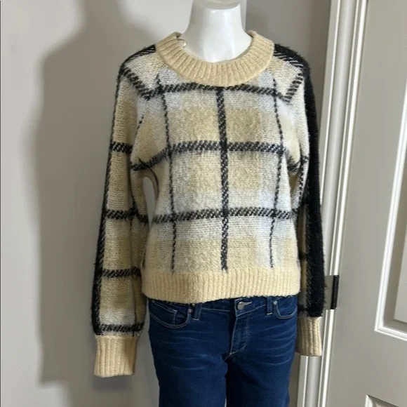 Anthropologie Moth Sweater Tan Black Window Pane Plaid Crewneck Sz S - Picture 4 of 13